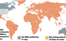 Weltkarte aller Staaten, welche die NSA überwachen darf. Quelle: Vox!.
