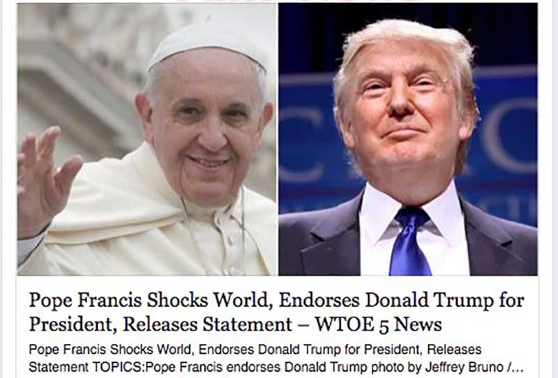 Der Papst unterstützt Donald Trump. Eine der erfolgreichsten Falschmeldungen im US-Wahlkampf 2016. (Screenshot)