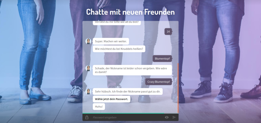 screenshot der Knuddels.de-Startseite. Nutzer wird aufgefordert, sein Passwort festzulegen.
