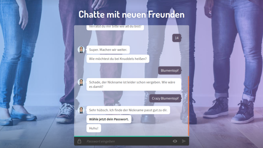 screenshot der Knuddels.de-Startseite. Nutzer wird aufgefordert, sein Passwort festzulegen.