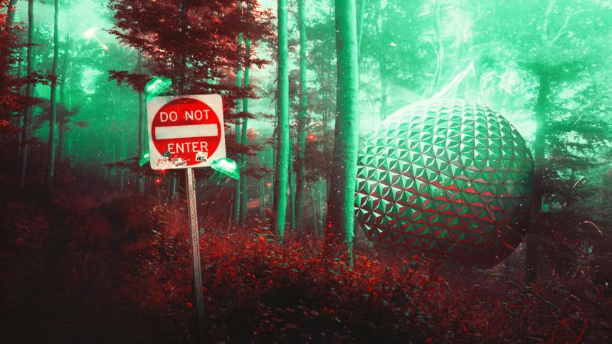 In einem Wald steht ein futuristisches, rundes Objekt. Davor ein Schild mit der Aufschrift "Do not Enter".