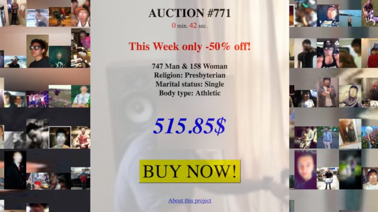 Im Hintergrund viele anonymisierte Profilbilder, im Vordergrund der Anzeigentext für die Auktion