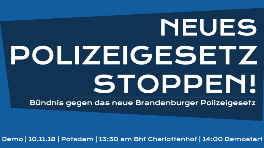 Banner in Blautönen mit dem Aufruf zur Demo gegen das neue Polizeigesetz