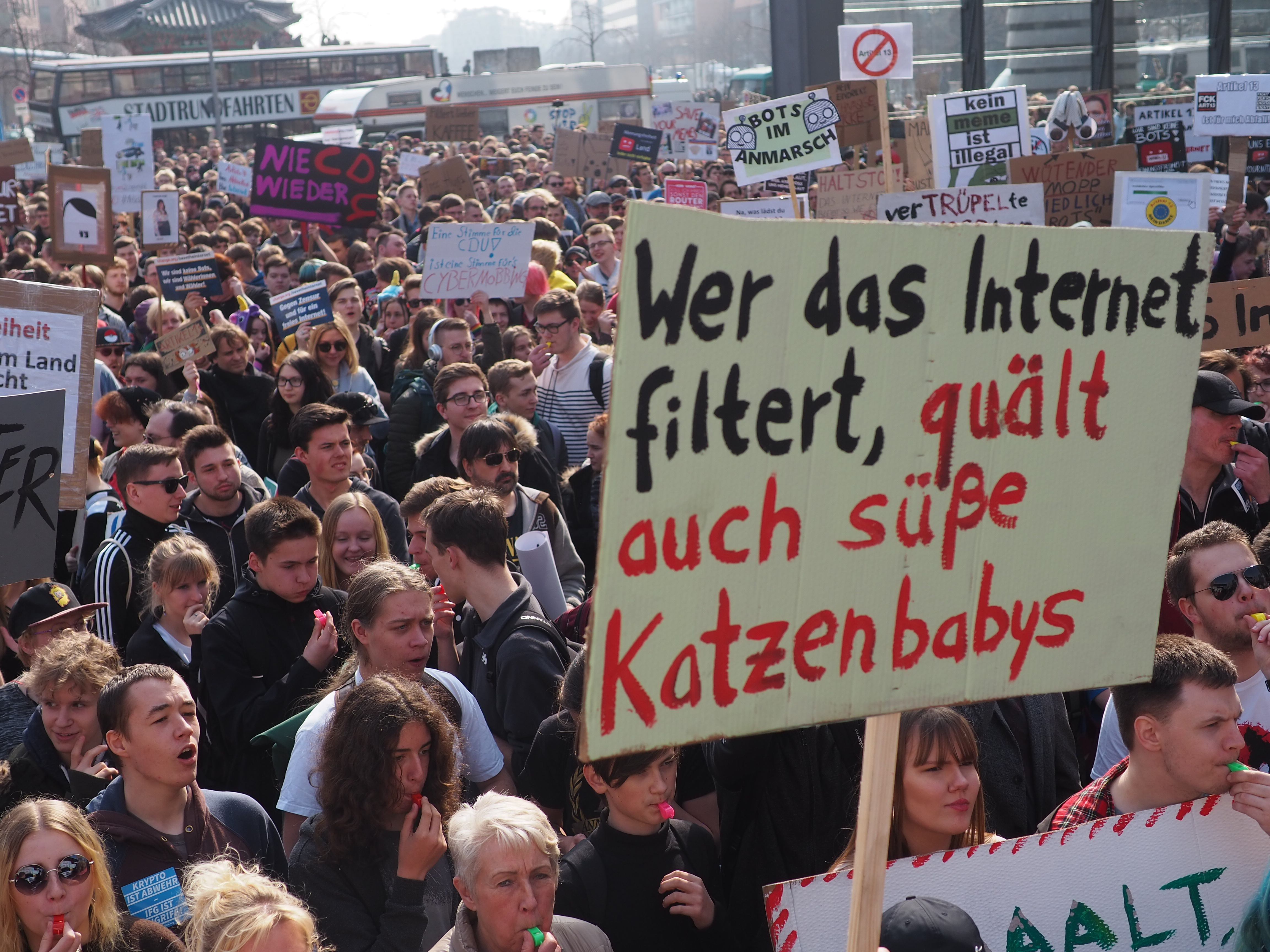 Protestschild mit Text : Wer das internet filtert, quält auch süße Katzenbabys
