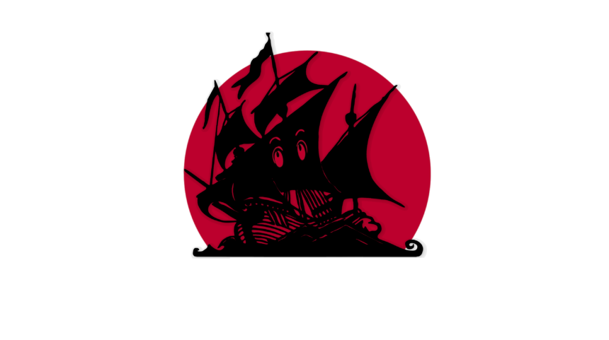 Ein Piratenschiff mit Mangaaugen auf dem Segel vor Japans roter untergehender Sonne