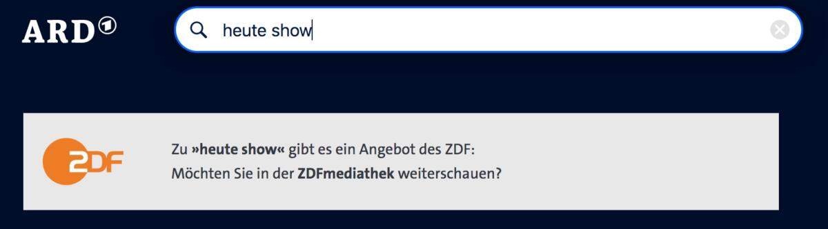 Screenshot von Suchergebnis nach ZDF-Content in ARD-Mediathek