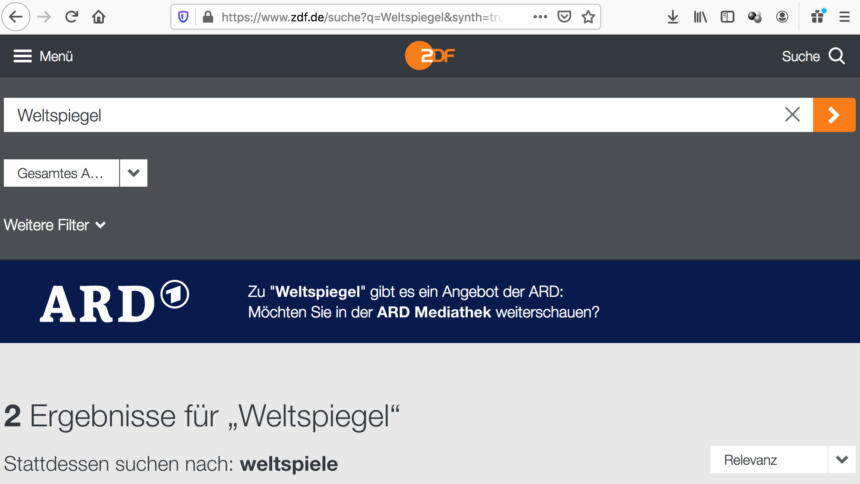 Screenshot von Suche nach ARD-Inhalt in der ZDF-Mediathek