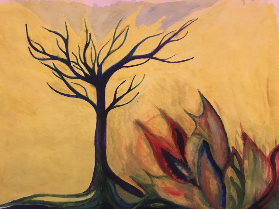 Aquarellzeichnung zeigt kahlen, in den Himmel strebenden, blau-grün eingefärbten Baum umgeben von bunten Flammen vor gelbem Hintergrundn.