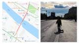 Links ist ein Google-Maps-Karte zu sehen, von der Situation, als der Künstler den Stau simulierte. Darum ist die Brücke rot marktiert, als sei Stau. Rechtsauf einem zweiten Bild sieht man den Künstler mit seinem Handkarren vor einem Abendhimmel über die Brücke laufen.