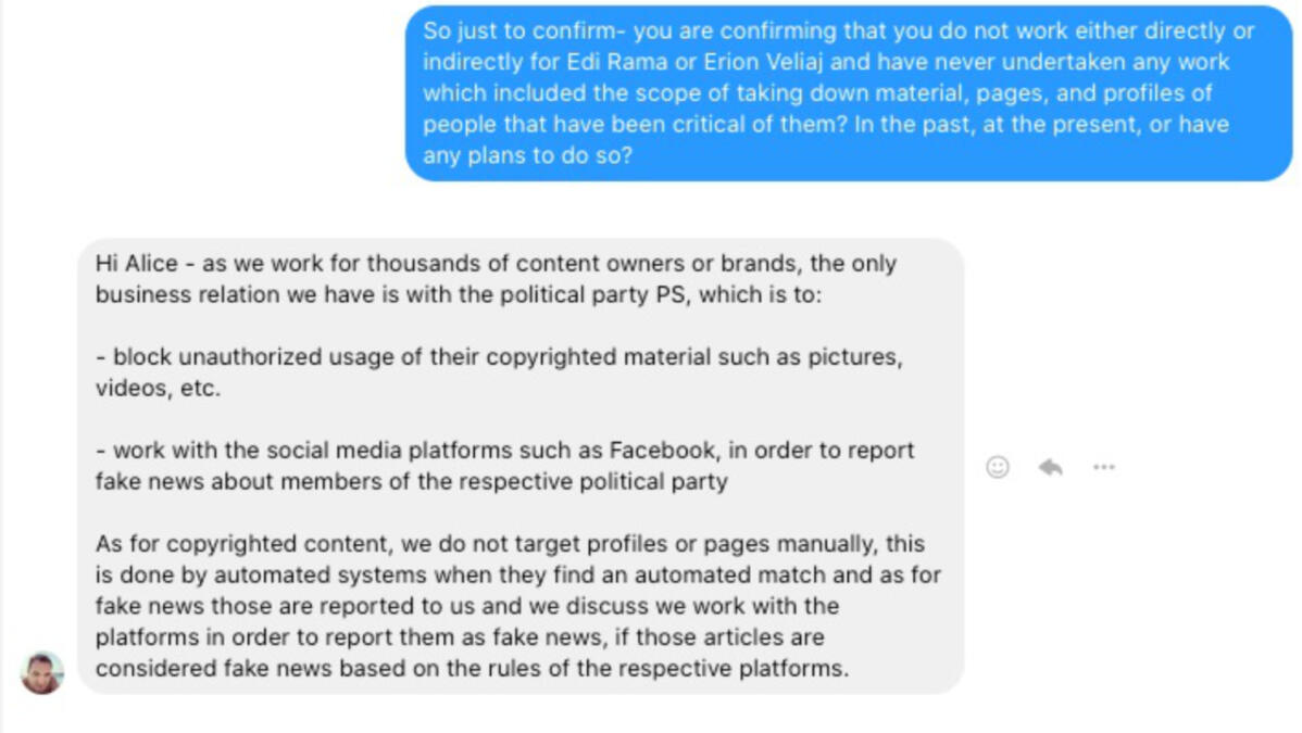 A conversation in Facebook Messenger between Aldor Nini and journalist Alice Taylor who writes for Exit News