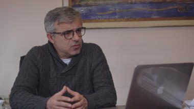 Neritan Sejamini, editor-in chief of Exit News, in his office in Tirana