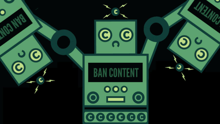 Das Bild zeigt einen Comic eines Roboters, der andere Roboter, die genau aussehen wie er, an den Händen hält. Auf seiner Burst steht "Ban content", also zu Deutsch "Lösche Inhalte", seine Augen sind C-Symbole.