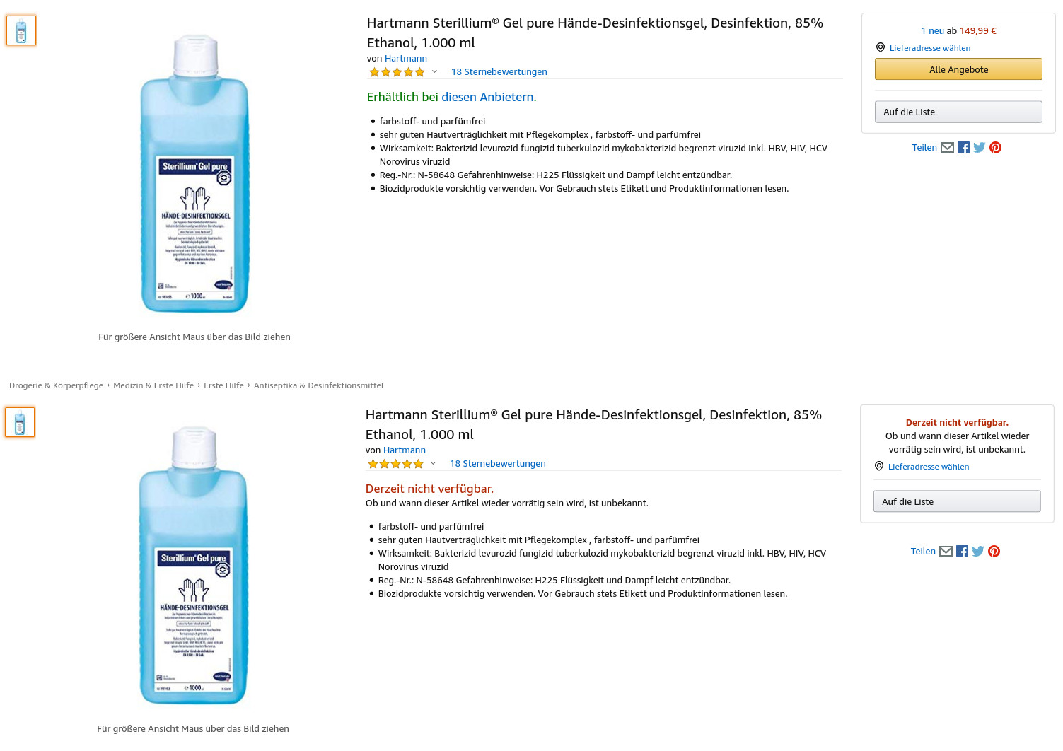Verkaufsanzeige für Desinfektionsmittel auf Amazon