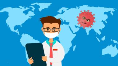 Illustration mit Arzt und Virus vor einer Weltkarte
