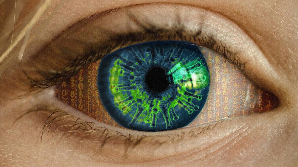 Fotomontage: Auge mit Coronavirus und 1en und 0en