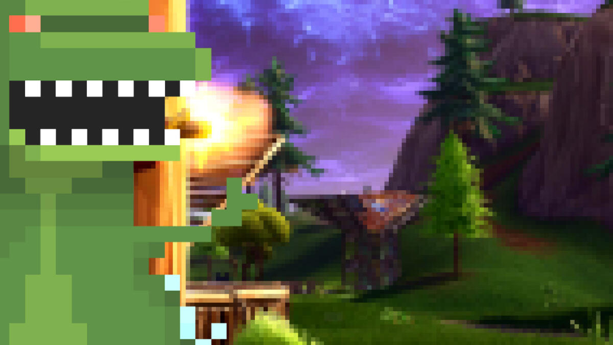 Pixeldino auf Pixel-Fortnite-Hintergrund