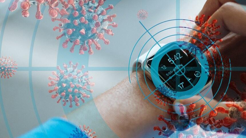 Smartwatch mit Coronaviren im Hintergrund