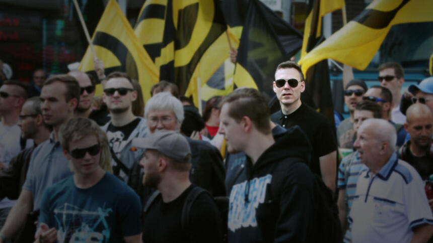 Fritzfeed-Autor Tim Beuter bei einem Aufmarsch der rechtsextremen Identitären Bewegung in Berlin im Juni 2017.