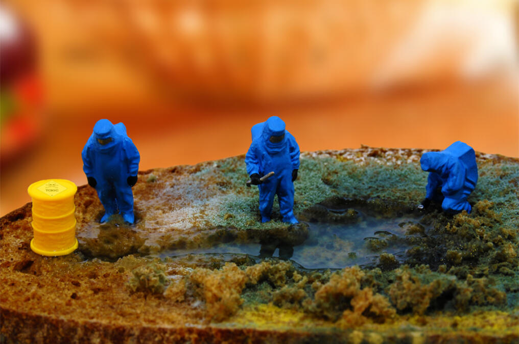 Verschimmeltes Brot mit kleinen Figuren als Gitfmüll inszeniert