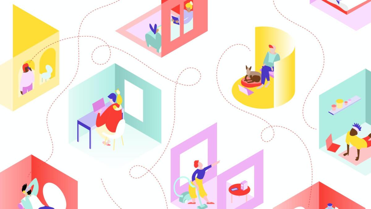 Grafik mit verbundenen bunten Zimmern mit Menschen darin