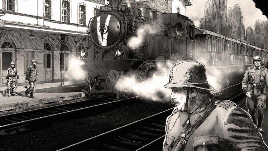 Gezeichneter Comic aus dem Spiel Attentat 1942, ein Zug im Bahnhof und Soldaten.