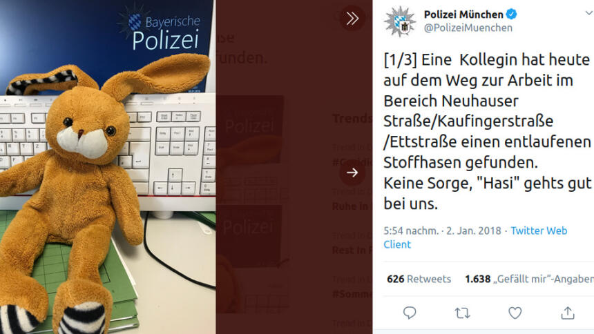 Tweet der Polizei München mit Foto vom Kuscheltier-Hasen
