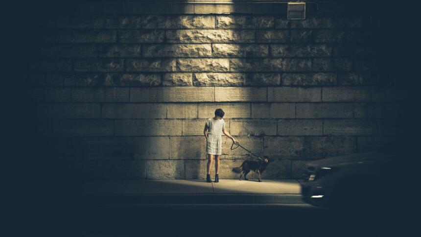 Mensch im Lichtkegel einer Laterne hält einen Hund an der kurzen Leine