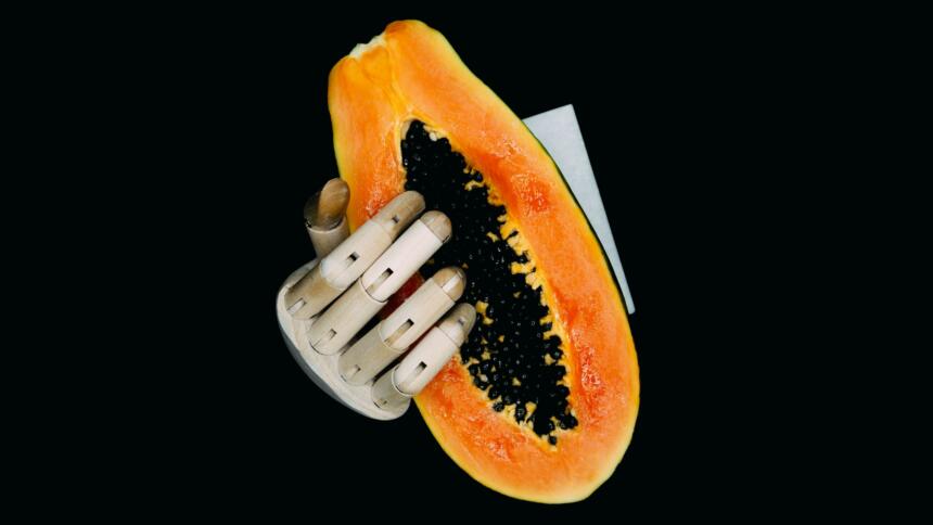 Eine Roboterhand greift in eine halbierte Papaya