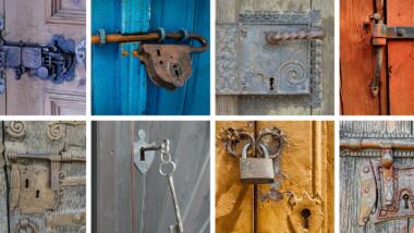 Verschiedene Türschlösser und Schlüssel in einer bunten Collage