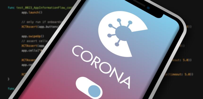 Corona-Warn-App vor einem Hintergrund aus Code.