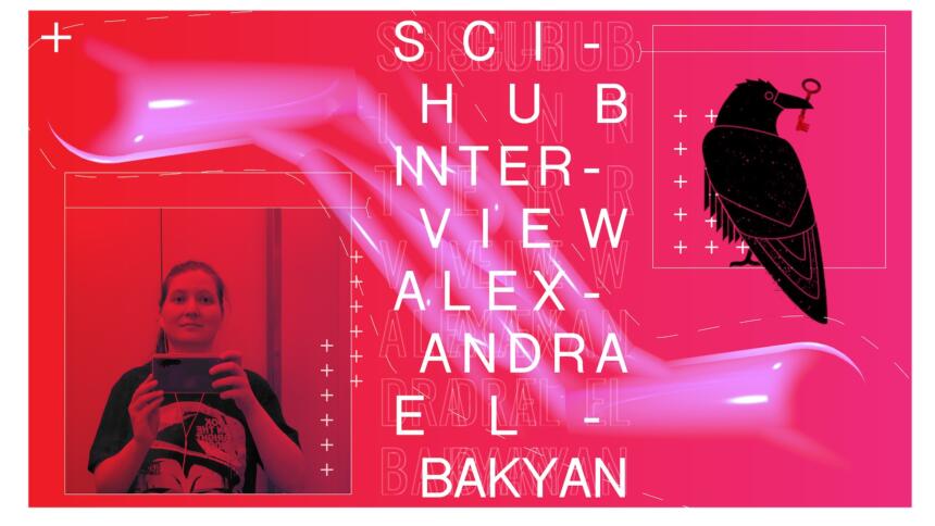 A collage consisting of a selfie in front of a mirror of Sci-Hub founder Alexandra Elbakayan and a raven holding a key in its beak, the portal's logo.