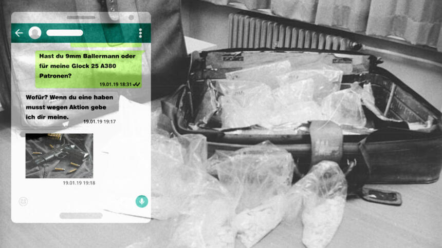 Fotomontage Drogenkoffer, im Vordergrund Chatverlauf mit Unterhaltung über Waffen und Munition