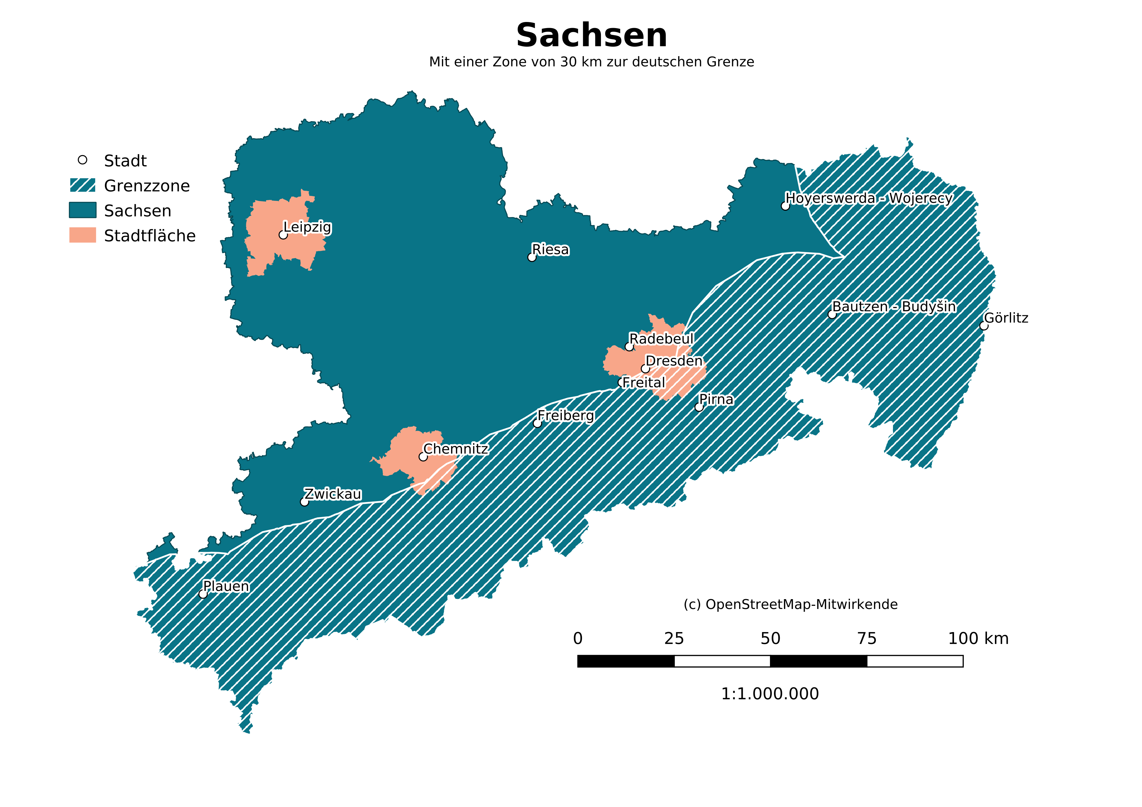 Dreißig-Kilometer-Umkreis an den Grenzen zu Polen und Tschechien