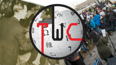 Collage aus Bildern von Gewerkschaften, dem Logo von Wikipedia und der Tech Workers Coalition
