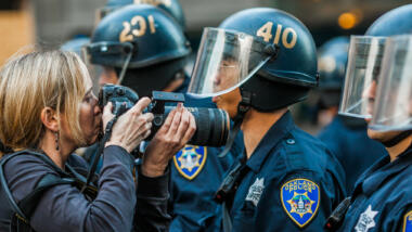 Fotografin mit Teleobjektiv vor einer Polizeikette