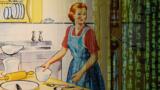 Eine Abbildung einer Frau mit roten Haaren und Schürzen in einer Küche im 50er-Jahre Magazin Stil. Collage mit einem Matrix-Effekt.