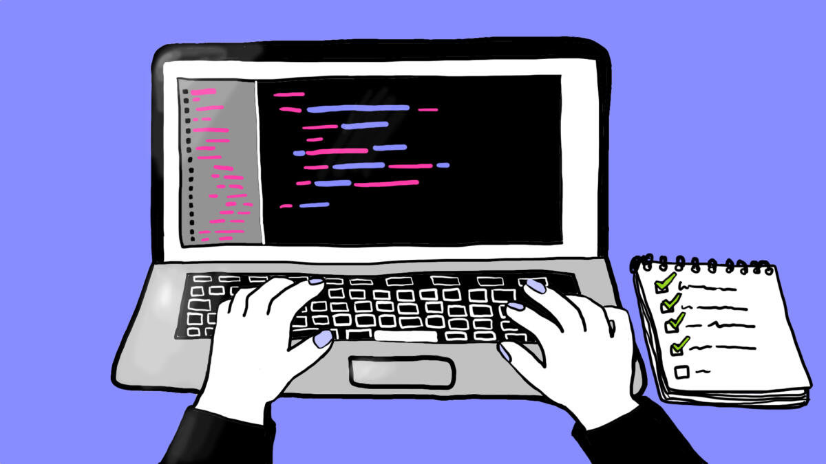 Ein aufgeklappter Laptop zeigt die Bearbeitung von Datensätzen.