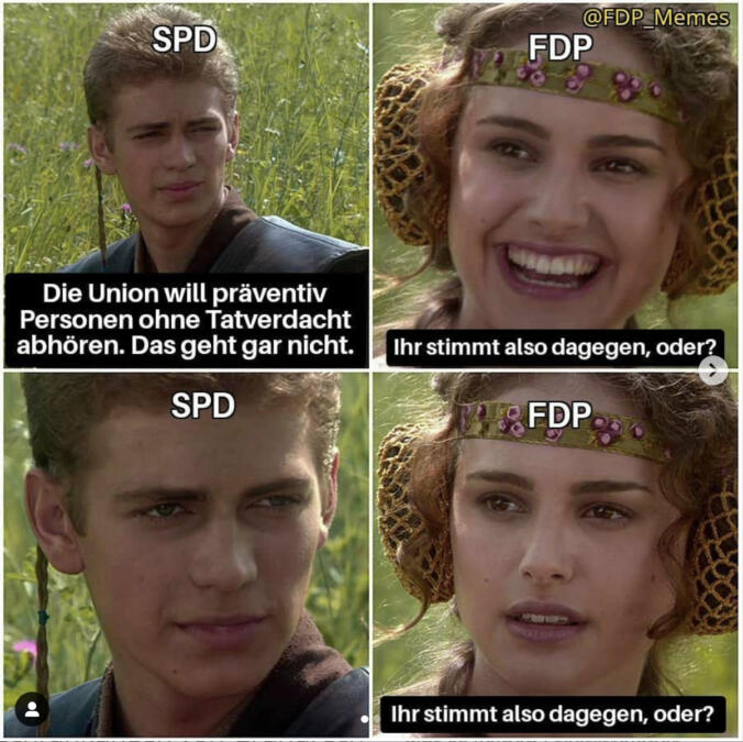 Ein Meme der FDP, das vier Screenshots aus Star Wars verwendet und auf die Entscheidung der SPD für den Staatstrojaner hinweist.