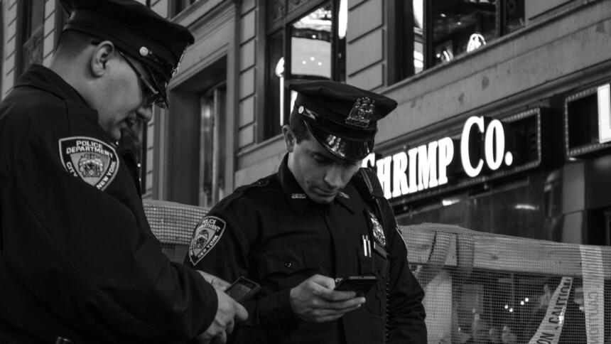Zwei Polizisten in Uniform schauen auf ihre Smartphones.