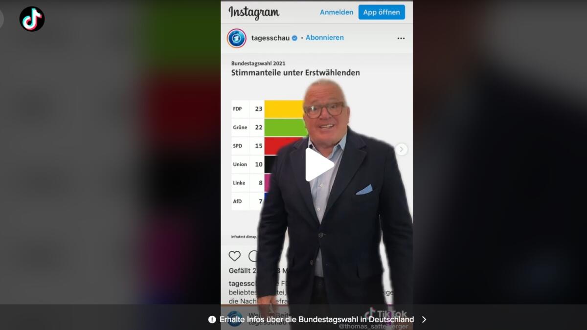 Screenshot auf einem TikTok-Clip von FDP-Abgeordnetem Thomas Sattelberger, er steht vor einem Screen mit den Wahlergebnissen, die das gute Abschneiden der FDP bei Erstwähler*innen zeigt