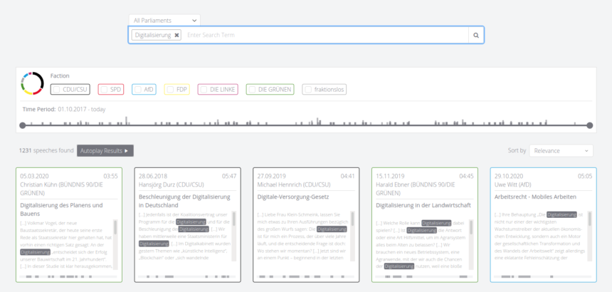 Screenshot von Open Paliament TV. Zu sehen ist das Ergebnis der Suche nach dem Begriff "Digitalisierung"