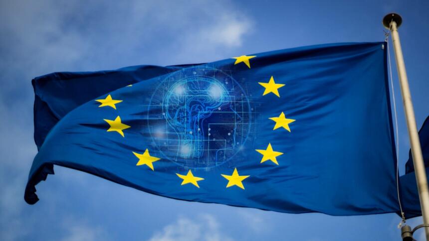 Eine Europafahne vor blauem Himmel. In der Mitte der Fahne lässt sich leicht ein künstliches Gehirn erkennen.