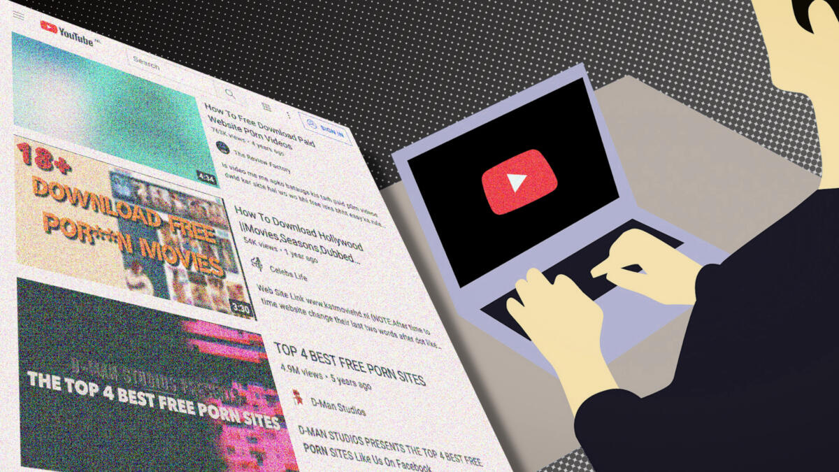 Eine Person hat die Hände auf der Tastatur eines Laptops. Ein Screenshot mit YouTube-Videos.