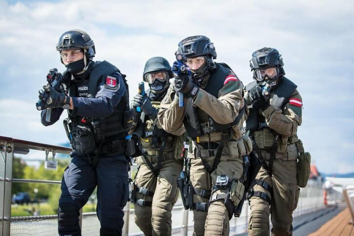 Das Bild zeigt vier martialisch ausgerüstete, dunkelgrün uniformierte, vermummte und bewaffnete Beamte mit einem Patch das sie unter anderem als Einheiten aus Österreich ausweist.