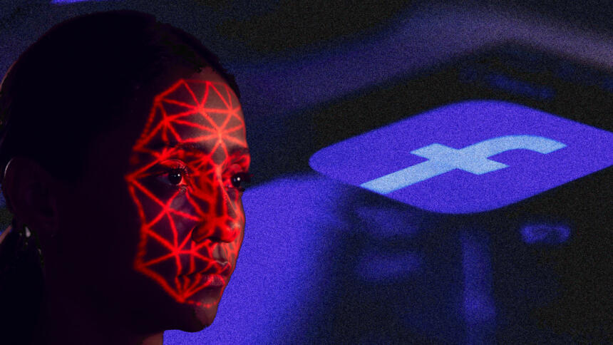 Eine Frau mit einem Netz aus Licht auf dem Gesicht, im Hintergrund ein Facebook-Logo