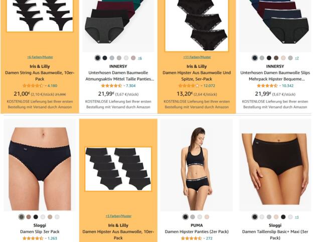 Screenshot von Amazon.de: Suchergebnisse für "Unterwäsche Damen". Acht Ergebnisse, Nummer 1, 3 und 6 von der amazoneigenen Marke Iris & Lily, orange unterlegt durch das Add-on.