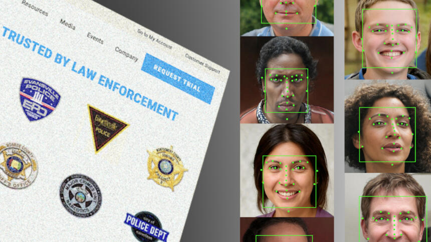 Ein Screenshot der Website von Clearview AI. Porträts von Personen, an denen Gesichtserkennung durchgeführt wird.