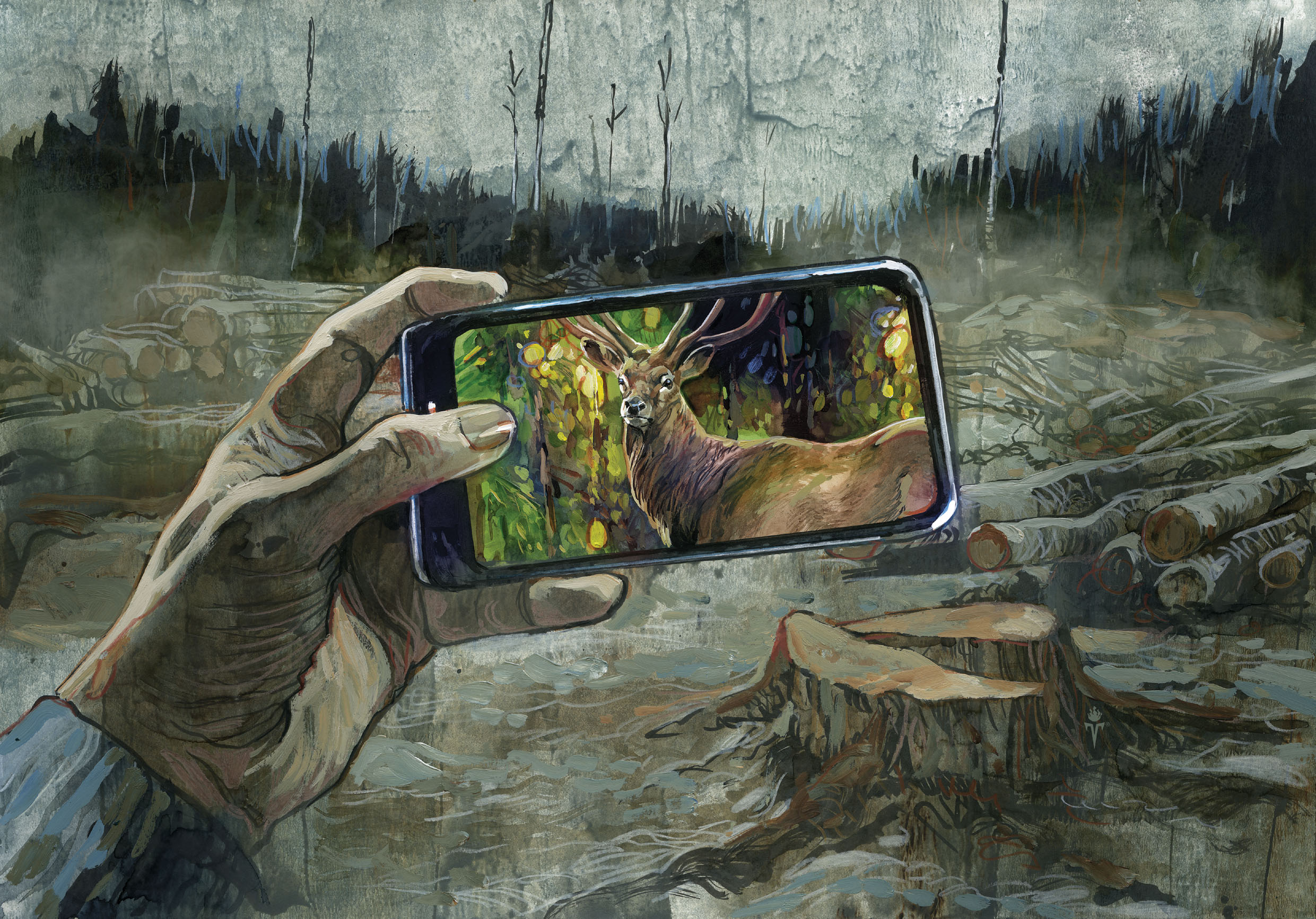 Im Hintergrund ist ein abgeholzter und toter Wald. Im Vordergrund hält eine Hand ein Smartphone vor hoch, auf dem ein Hirsch in nem grünen Wald abgebildet ist.