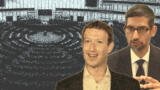 Kollage: lächelnder Mark Zuckerg und diskutierende Sundar Pichai vor leerem Plenarsaal des EU-Parlaments