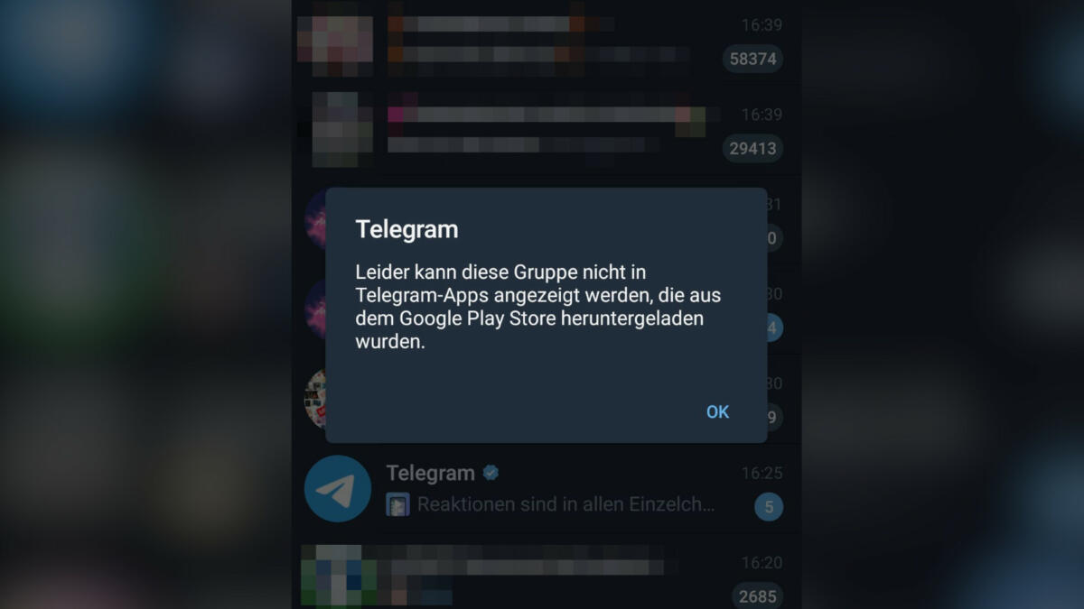 Screenshot von Telegram. Ein Popup-Fenster sagt, dass die Gruppe in Telegram-Apps aus dem Google Play Store nicht angezeigt werden kann.
